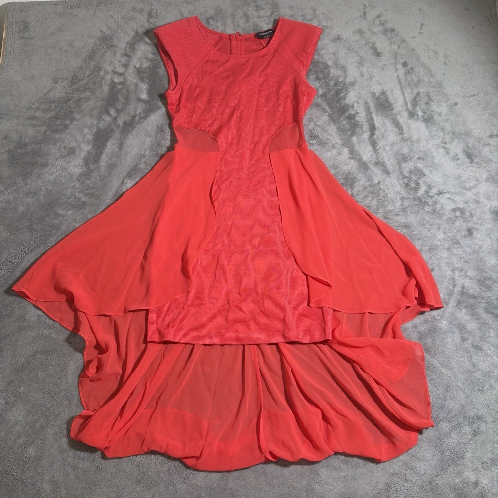 Bebe High Low Red Pink Dress Illusion Cutouts Fitted Bodice Sheer Overlay XS